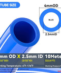 Diagram of Blue PU Air Hose Tube 4mm OD 2.5mm ID 10 Meters with working pressure 145 PSI and wide temperature range -4°F to 176°F.