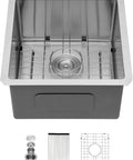 Undermount Bar Sink 17 by 19 Inch, 304 Stainless Steel 16 Gauge, Single Bowl Deep Wet Bar Prep Sink, top view with accessories.