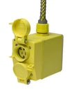 Heavy Duty GFCI Outlet Box With Pendant Drop Adapter Featuring 15 Ft 12 3 SOOW Cord NEMA 520 Plug One Duplex Receptacle 20 Amp 120V Electric Power Tap.
