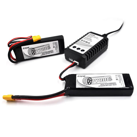 2 Pack 11.1V 2200mAh 35C Li Ion Battery XT60 Plug For FPV Drone RC Aircraft With B3 Balance Charger displayed on white background.