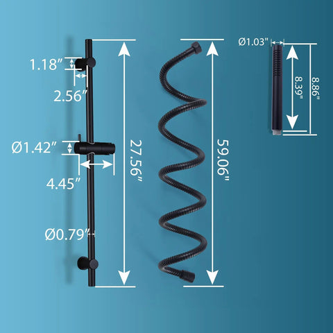 Round Hand Held Shower Head With 28 Inch Slide Bar Matte Black Shower Slide Bar Kit Featuring 304 Stainless Steel Bar With Showerhead Wand Holder And 59 Inch Hose For Durable Rust Resistant Performance dimensions illustration.