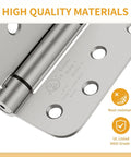 Stainless steel adjustable tension door hinges, rust-resistant, UL listed, close-up view highlighting durability and high-quality materials.