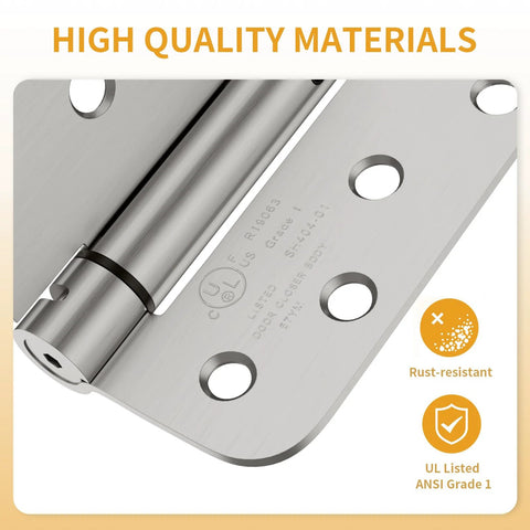 Stainless steel adjustable tension door hinges, rust-resistant, UL listed, close-up view highlighting durability and high-quality materials.