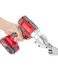 Heavy Duty 21V Brushless Cordless Metal Shear With Swivel Head And Variable Speed held in hand, showcasing chrome vanadium steel blades.
