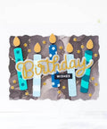 Greeting card with colored candles and Birthday Wishes using Happy Birthday Balloons Metal Die-Cuts For Scrapbookers And Card Makers.
