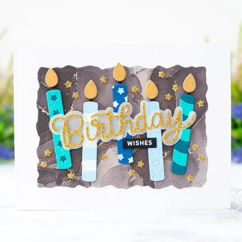Greeting card with colored candles and Birthday Wishes using Happy Birthday Balloons Metal Die-Cuts For Scrapbookers And Card Makers.