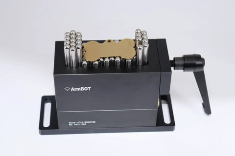 Beefy Flexible Clamp for CNC Fixtures 30x79mm Universal Claw in SUS Stainless Steel With Anodized Aluminum Shell, 6mm Pin, 21mm Stroke, Wear Resistant, Laser Marking Ready, Black clamping a metal part