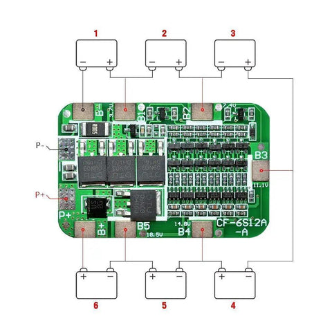 Grab This Rock Solid Pair 6S 24V Lithium Battery BMS Protection Board For 18650 Cells Delivering 15A Continuous Current, top view showing connections.