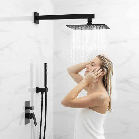 Black Overhead Rain Shower System With 10 Inch Rain Head And Handheld Luxury Valve Mixer 71 Inch Hose 16 Inch Arm Matte Black
