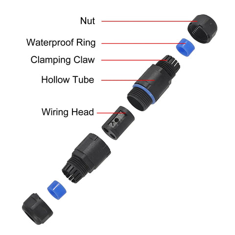 Exploded view of IP68 Waterproof 4 Pack Connectors For Outdoor Use 2 Way 2 Pin Junction Box Electrical Cable Connector parts.