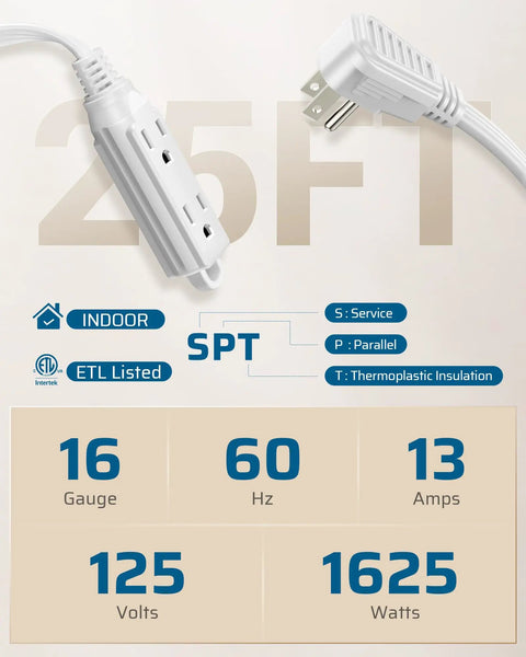 3 Outlet Extension Cord With Flat Plug, 25 Ft 16/3 AWG Grounded Power Cable For Indoor Use, SPT-3 Cord, White, ETL Listed, 1 Pack