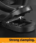 Close-up of Six Inch Portable Hanging RV Tent Fan with strong clamping mechanism for camping and emergency power in black.
