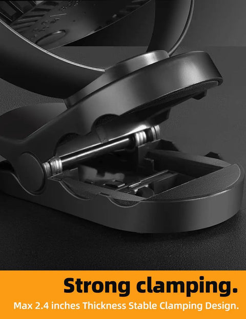 Close-up of Six Inch Portable Hanging RV Tent Fan with strong clamping mechanism for camping and emergency power in black.