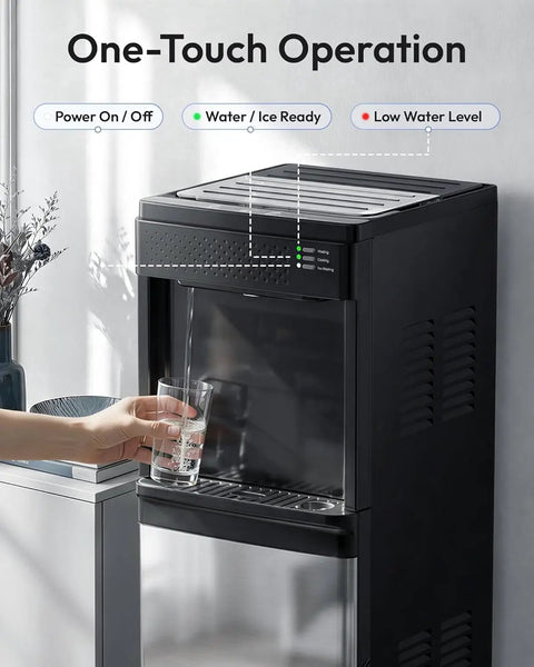 Top Shelf 4-In-1 Countertop Water Dispenser Plus Fast Ice Maker With Bottom Loading Cooler hands hot cold drinks operating with glass