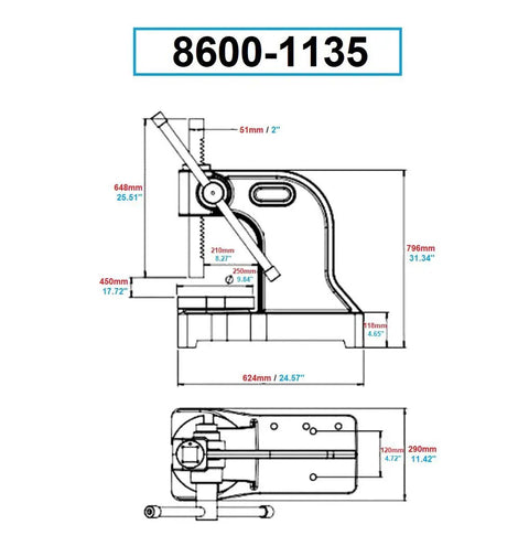 Technical drawing of Badge Worthy Badass 5 Ton Arbor Press With Rock Solid Cast Iron Base And Removable Steel Anvil.
