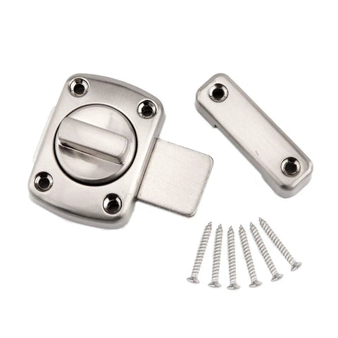 Kick Your Security Up A Notch With This Heavy Duty Rotate Bolt Latch Silver Brushed Hardware For Doors Cabinets Windows Solid Grip Easy Install No Hassle Perfect For Homes Trailers Or Sheds, showing zinc alloy latch and screws.