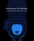 Premium Electric Bidet Seat For Elongated Toilets Featuring Heated Seat And Stainless Steel Nozzle With Warm Air Dryer Night Light and Gentle Close Lid Side Arm Control For A Hassle Free Bang For Buck Bathroom Glow Up showing blue LED nightlight for safety.