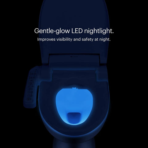 Premium Electric Bidet Seat For Elongated Toilets Featuring Heated Seat And Stainless Steel Nozzle With Warm Air Dryer Night Light and Gentle Close Lid Side Arm Control For A Hassle Free Bang For Buck Bathroom Glow Up showing blue LED nightlight for safety.