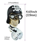 Skull Steering Wheel Spinner Power Booster Knob For Easy Steering showcasing dimensions, skull design, and clamp attachment.