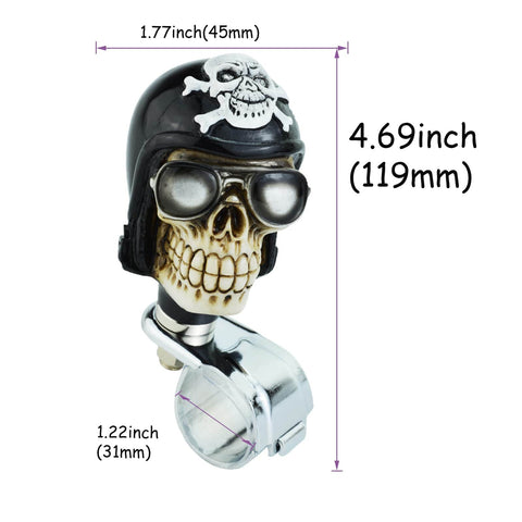 Skull Steering Wheel Spinner Power Booster Knob For Easy Steering showcasing dimensions, skull design, and clamp attachment.
