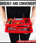 Person holding Non Slip Silicone Tool Tray Set Two Piece Flexible Tool Organizer Mats filled with tools and parts