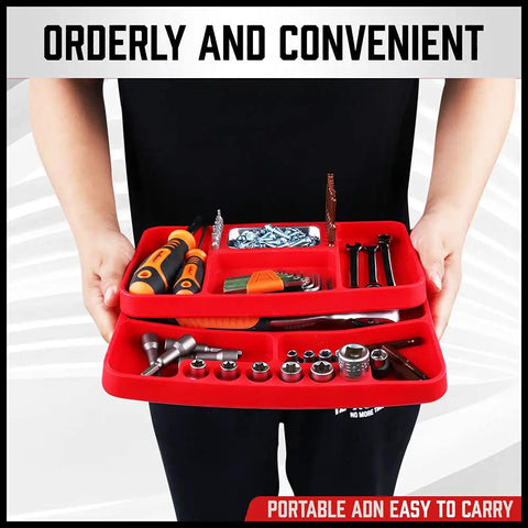 Person holding Non Slip Silicone Tool Tray Set Two Piece Flexible Tool Organizer Mats filled with tools and parts