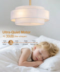 XINGSIYUELYX Gold Ceiling Fan with ultra-quiet motor, featuring layered design, illuminating a relaxing bedroom scene.
