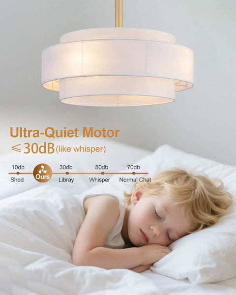 XINGSIYUELYX Gold Ceiling Fan with ultra-quiet motor, featuring layered design, illuminating a relaxing bedroom scene.