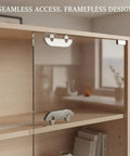Heavy Duty Sliding Door Track System For Frameless Cabinets Built With Cold Rolled Steel Rails And Premium Stainless Steel Casters For Kitchen Renovations. Close-up view of sliding door hardware on frameless cabinet.