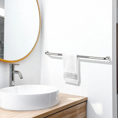 48 Inch Tough As Nails Shower Grab Bar Crafted From Heavy Duty Stainless Steel With A Knurled Anti Slip Coating To Keep Your Bathroom Handrail Rock Solid And Support Up To 500 Lbs Safely mounted in a modern bathroom setting.