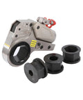 Heavy Duty Hydraulic Torque Wrench Built Tough With Lightweight Al Ti Alloy Hollow Body Electric Pump Driven 232 To 2328 Nm Range Precision Dial In Compact Fit For Tight Job Sites Pro Grade Rust Resistant Finish with four interchangeable sockets.