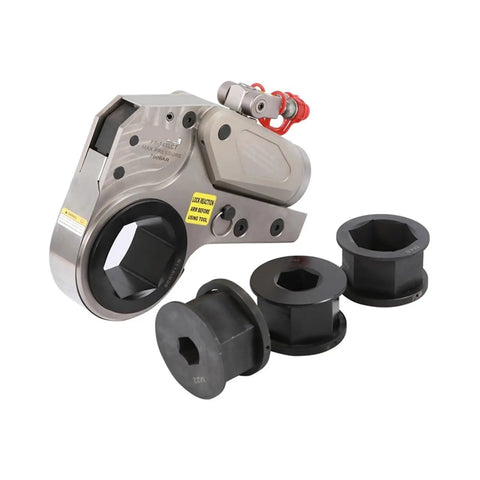 Heavy Duty Hydraulic Torque Wrench Built Tough With Lightweight Al Ti Alloy Hollow Body Electric Pump Driven 232 To 2328 Nm Range Precision Dial In Compact Fit For Tight Job Sites Pro Grade Rust Resistant Finish with four interchangeable sockets.
