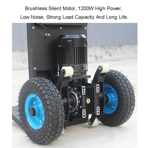 Heavy Duty Electric Stair Climbing Trolley With 1200W Motor shows brushless motor and durable tires for smooth transport.