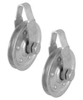 Heavy Duty Garage Door Pulley Kit With 3 Inch Sheave Wheels Two Clevis Fork Pulleys And Two Stationary Sheaves close-up of galvanized steel pulleys.