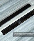 36 Inch Square Shower Drain With Reversible 2-In-1 Tile Insert Cover No Fuss Easy Install Matte Black Finish SUS304 Stainless Steel