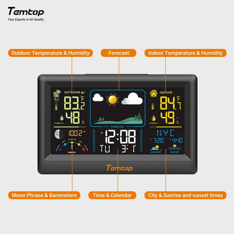 All In One Weather Station With Indoor Outdoor Temp And Humidity, Barometric Pressure, Color Display showing forecast