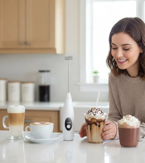 USB Rechargeable Milk Frother Handheld 3 Speed Electric Wand With Digital Display For Creamy Cappuccino Latte Matcha And Hot Chocolate Portable Coffee Mixer For Home Office Travel on a kitchen counter