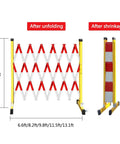 Hardened Steel Expanding Safety Barricade Hella Visible Traffic Barrier With Slick Rolling Casters Top Shelf Folding Pedestrian Gate For Driveways And Worksites Solid Red White Color Block Design, 3.9ft tall, shown expanded and folded.