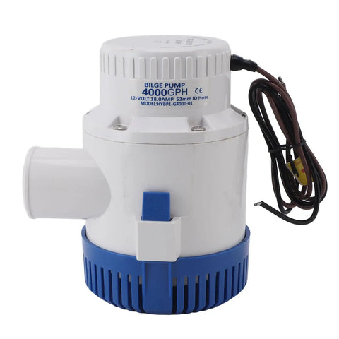Supercharged 4000 GPH 12 Volt DC Submersible Water Pump With Overheat Prevention For Garden Ponds Pool Draining Boat Bilge Clean Fluid Transfer Heavy Duty Aquatic Beast That Moves Liquid Fast Without Breaking A Sweat, showing white and blue housing.