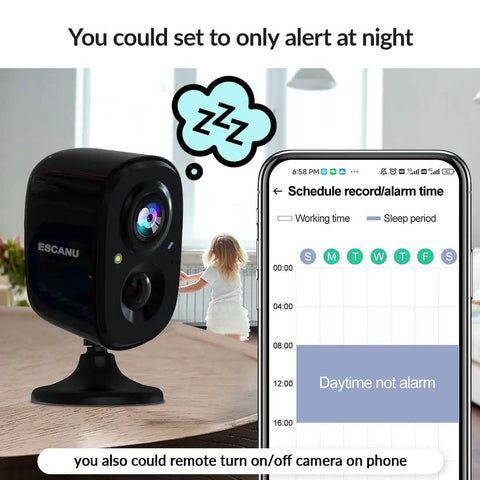 Wireless Outdoor Security Camera With Rechargeable Battery, WiFi AI Motion Detection, Two Way Audio, Night Vision And Spotlight next to smartphone interface showing alarm schedule