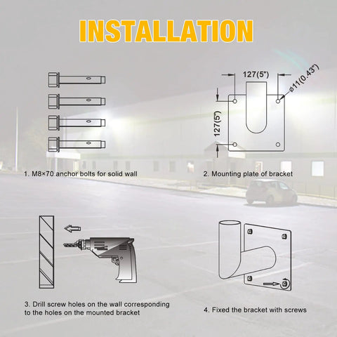 Installation diagram for Beefy Heavy Duty 90 Degree Wall Mount Bracket With 2-3/8in OD Tenon For LED Street Lights, step-by-step guide