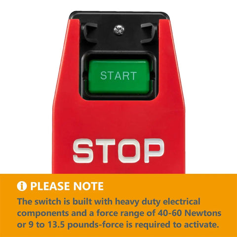 Top Shelf Dual Voltage Paddle Switch Kit With Mounting Bolts displays red stop switch with green start button for emergency cutoff.