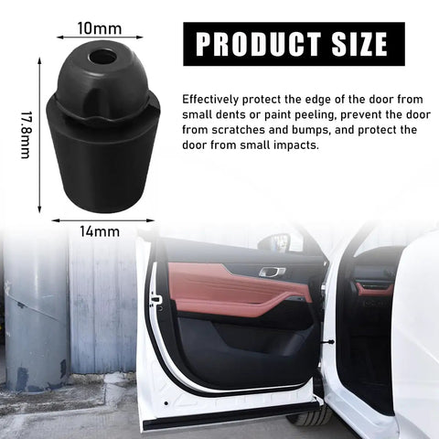 Keep The Dents At Bay With These Heavy Duty Rubber Car Door Overslam Bumper Stopper 10 Pack showing dimensions and protective use.