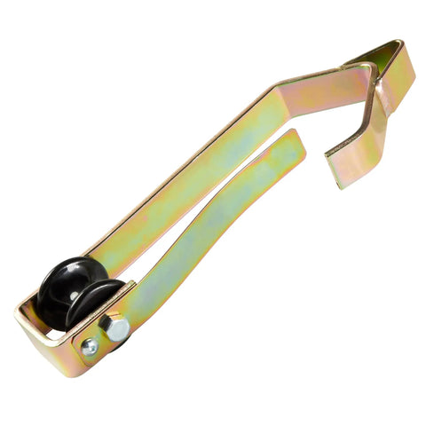 Easy Rider Stringing Block With Nylon Roller For Cables Up To 1 Inch Diameter Pack Of 40 Made In USA With Lifetime Warranty Non Binding Roller Axle For Smooth Rolling And Fiber Optic Cable Support In Lashing Projects With Zinc Plated Steel Frame, close-up view showing nylon roller and zinc-plated steel frame.