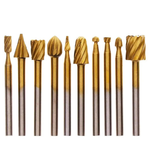 10 Piece Long Double Cut Tungsten Carbide Burr Set Pro Grade With One Eighth Inch Shank For Die Grinder And Rotary Tool Diamond Burs For Wood Carving Engraving And Metal Work Forty Millimeter Length Gold, assorted tips