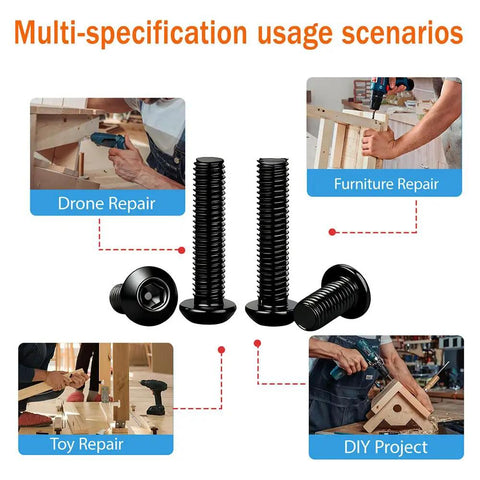 Stainless Steel Button Head Socket Cap Bolts 304 Stainless Rust Resistant With Black Oxide Finish, showing use in various repairs.