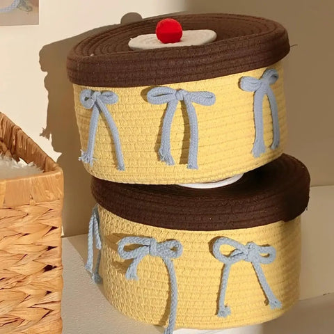 Legit Handwoven Cotton Storage Basket With Snug Dustproof Lid Solid Home Hub Organizer Perfect For Bedroom Clothes And Living Room Gear Nifty Space Saving Set Up You Will Score, stacked with blue bows.