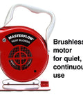 Side view of Masterflow Heat Blower Electric Heat Gun with brushless motor for quiet operation, red design, close-up focus.