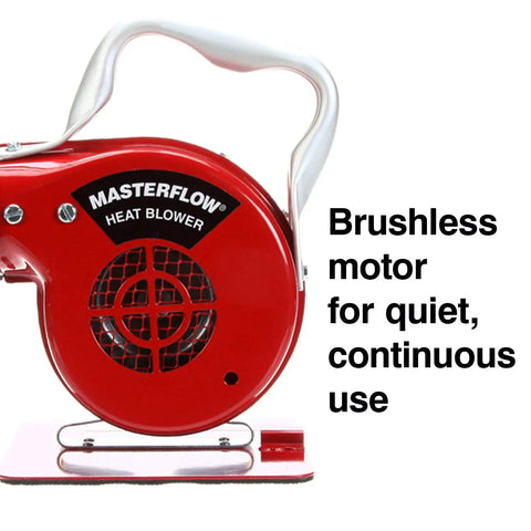 Side view of Masterflow Heat Blower Electric Heat Gun with brushless motor for quiet operation, red design, close-up focus.