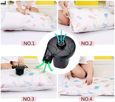 Image showing Electric Air Pump For Inflatables And Air Beds Quick Fill For Pools Boats Rafts Camping Gear And Cushions 12V DC And 110V AC 50W Lightweight And Quiet Fast Deflate Compatible With Swimming Rings being used to inflate a cushion, with four steps including nozzle attachment and inflation.
